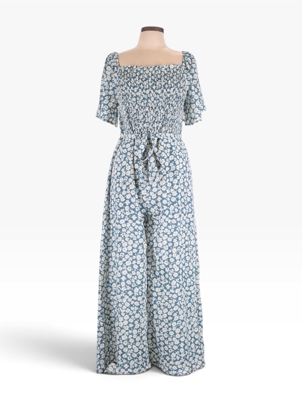 Baltic Born Hayden Floral Smocked Wide Leg Jumpsuit Blue White NWT L Flutter